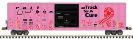 HO FMC 5077 Single-Door Boxcar Railbox 40188 (pink, black, On Track for a Cure, Handprints)
