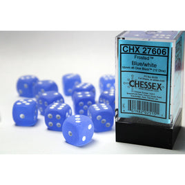 Frosted 16mm D6 Blue/White Dice Set (12)