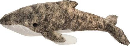 Plush toy shark with a gray and white pattern on a white background