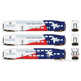 Bi-Level Commuter 2 Coach and Cab Car Set - Ready to Run -- Trinity Rail Express Set No.1 (Cab 1007, Coach 1061, 1064, white, blue, red)