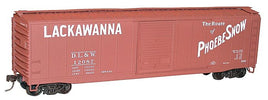 50' Single-Door Riveted-Side Boxcar - Kit -- Delaware, Lackawanna & Western #12057 (Boxcar Red, white, Phoebe Snow Slogan)