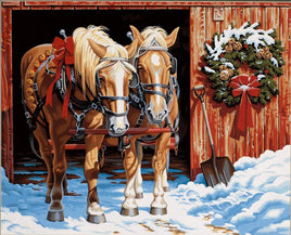 Ready for the Ride (Horses/Barn Christmas Scene) Paint by Number (20"x16")