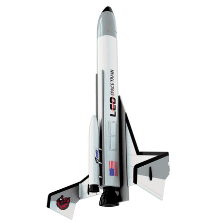 White Leo Space Train rocket by Estes with an American flag logo and black trim