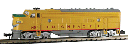 Union Pacific. Armour Yellow, gray, and red. EMD FP7A Phase II Standard DC
