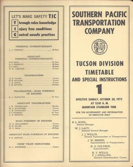 Southern Pacific Tucson Division Timetable #1 October 28, 1973