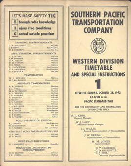 Southern Pacific Western Division Timetable #1 October 28, 1973