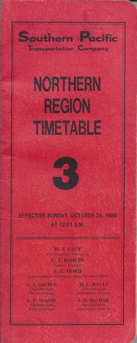 Southern Pacific Oregon Region Timetable #3 October 26, 1986