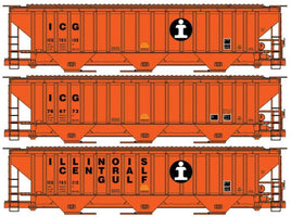 Pullman-Standard 4750 3-Bay Covered Hopper 3-Pack - Kit -- Illinois Central Gulf #765108, 766773, 765210 (3 Schemes, orange, black)
