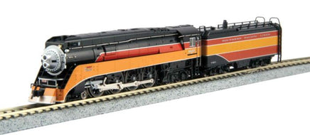 SP Class GS-4 4-8-4, Standard DC, Southern Pacific 4454. Daylight, orange, red, and black, "Lines" Lettering.